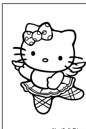 Um lindo gato de desenho animado, que lembra Hello Kit, vestido com um tutu e sapatilhas de balé, fazendo uma adorável pose de dança, perfeita para páginas para colorir Hello Kit.