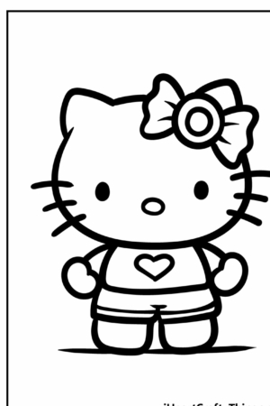 Ilustração em preto e branco da Hello Kitty com um laço na cabeça e um coração na camiseta, perfeita para colorir.