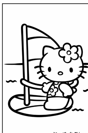 Hello Kitty surfando em uma prancha no mar, segurando a vela, usando uma flor na cabeça. Desenhos para colorir com Hello Kit tornam essa cena adorável ainda mais deliciosa para as crianças aproveitarem.