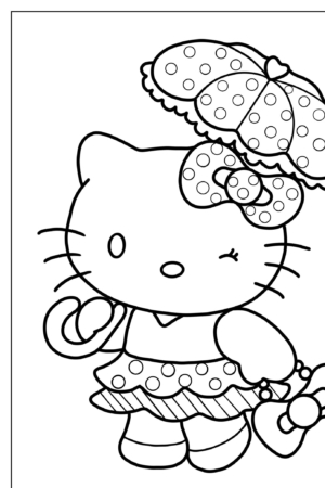 Hello Kitty piscando, usando uma roupa de bolinhas, segurando um guarda-chuva combinando. Perfeito para fãs de Hello Kit e desenho para colorir!