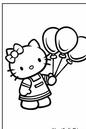 Um gato fofo de desenho animado com um laço, segurando três balões—que lembra Hello Kit. Perfeito para desenho para colorir!