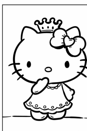 Hello Kitty usando um vestido e coroa, com um laço na orelha, acenando com uma pata. Esta cena encantadora poderia ser de um dos deliciosos desenhos para colorir com personagens Hello Kit.