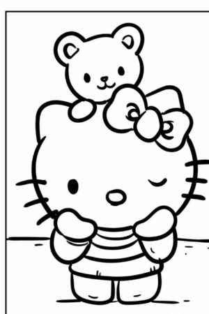 Hello Kit com um laço na cabeça, segurando um urso menor acima, ambos com expressões simples — perfeito para desenho para colorir.