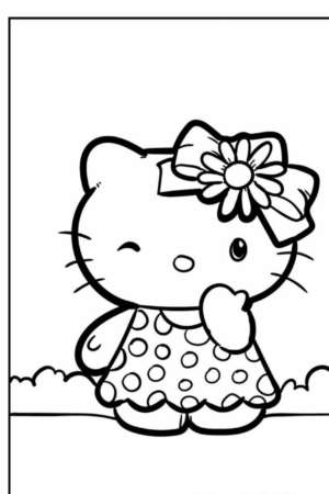 Um gato de desenho animado piscando, que lembra Hello Kitty, usando um vestido de bolinhas e um grande laço na cabeça. Perfeito para desenho para colorir!