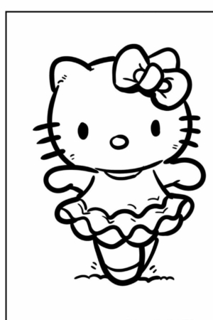 Um gato de desenho animado, que lembra Hello Kit, veste uma roupa de bailarina com um laço na cabeça e fica na ponta dos pés dentro de uma moldura retangular, criando um cenário adorável, perfeito para desenhos para colorir.