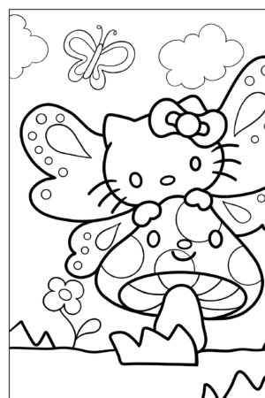 Um gato fofo inspirado em Hello Kit com asas de borboleta fica em um cogumelo com um rosto, cercado por flores, nuvens e uma borboleta. É o complemento perfeito para desenhos para colorir para crianças e adultos!