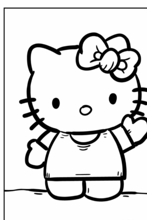 Um desenho encantador da Hello Kitty apresentando a icônica gatinha de desenho animado com um laço na cabeça e um vestido, com um braço levantado como se estivesse acenando. Perfeita para quem gosta de imagens coloridas, esta ilustração se encaixa perfeitamente em atividades de desenho para colorir.