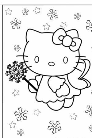 Desenhos para colorir com Hello Kitty segurando uma varinha de floco de neve, cercada por estrelas e flocos de neve em uma cena com tema de inverno.