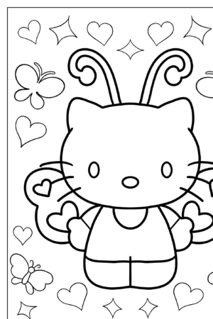 Um desenho para colorir com um gato com asas de borboleta, cercado por corações e estrelas, lembrando uma ilustração excêntrica da Hello Kitty.