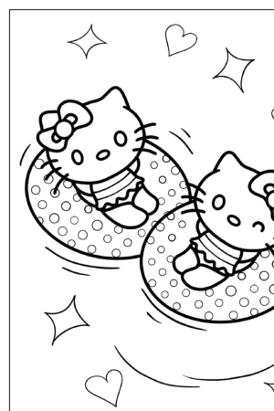 Dois gatos de desenho animado com laços, que lembram os desenhos para colorir da Hello Kitty, flutuam em câmaras de ar com bolinhas, cercados por estrelas e corações.