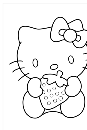 Desenhos para colorir: Hello Kitty segurando um morango e usando um laço, em um charmoso desenho de arte linear.