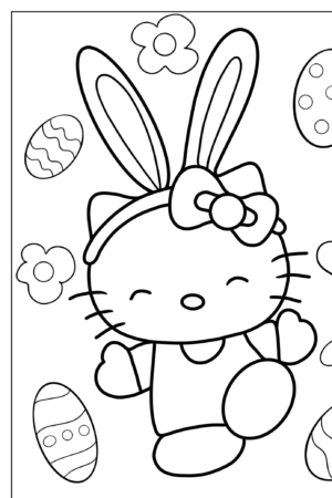 Gato fofo de desenho animado com orelhas de coelho, cercado por ovos de Páscoa, flores e um contorno de coração, perfeito para atividades de colorir. Desenhos para colorir com Hello Kit trazem alegria para pequenos artistas!