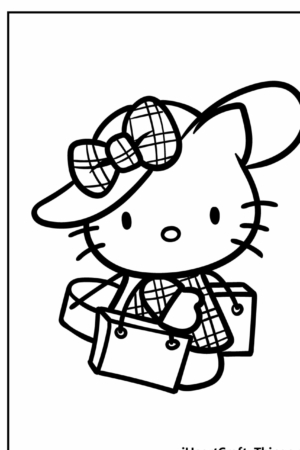 Desenho em preto e branco da Hello Kitty usando um chapéu e segurando duas sacolas de compras, perfeito para desenho para colorir.