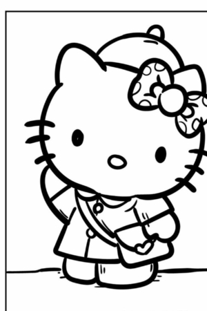 Um desenho em preto e branco da Hello Kitty usando um chapéu, laço, casaco e uma bolsa de ombro com um coração — perfeito para desenho para colorir.