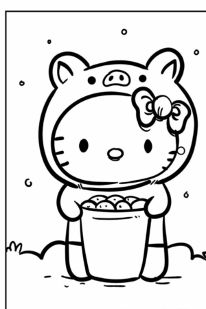 Gato de desenho animado fantasiado de porco segurando uma cesta de maçãs com neve caindo sobre um fundo branco, que lembra os designs da Hello Kit e é perfeito para Desenhos para colorir.