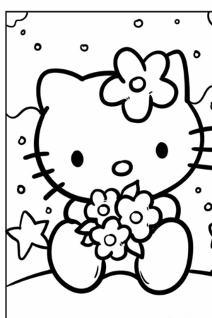 O fofo gato de desenho animado da Hello Kit está segurando flores com uma flor na cabeça contra um fundo estrelado nesta ilustração em preto e branco, perfeita para desenhos para colorir.