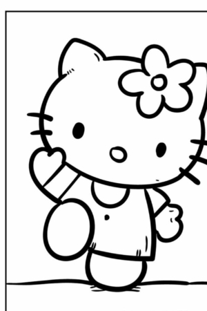 Um desenho simples de Hello Kitty usando um vestido e uma flor na cabeça, acenando com a mão direita. Perfeito para desenho para colorir!