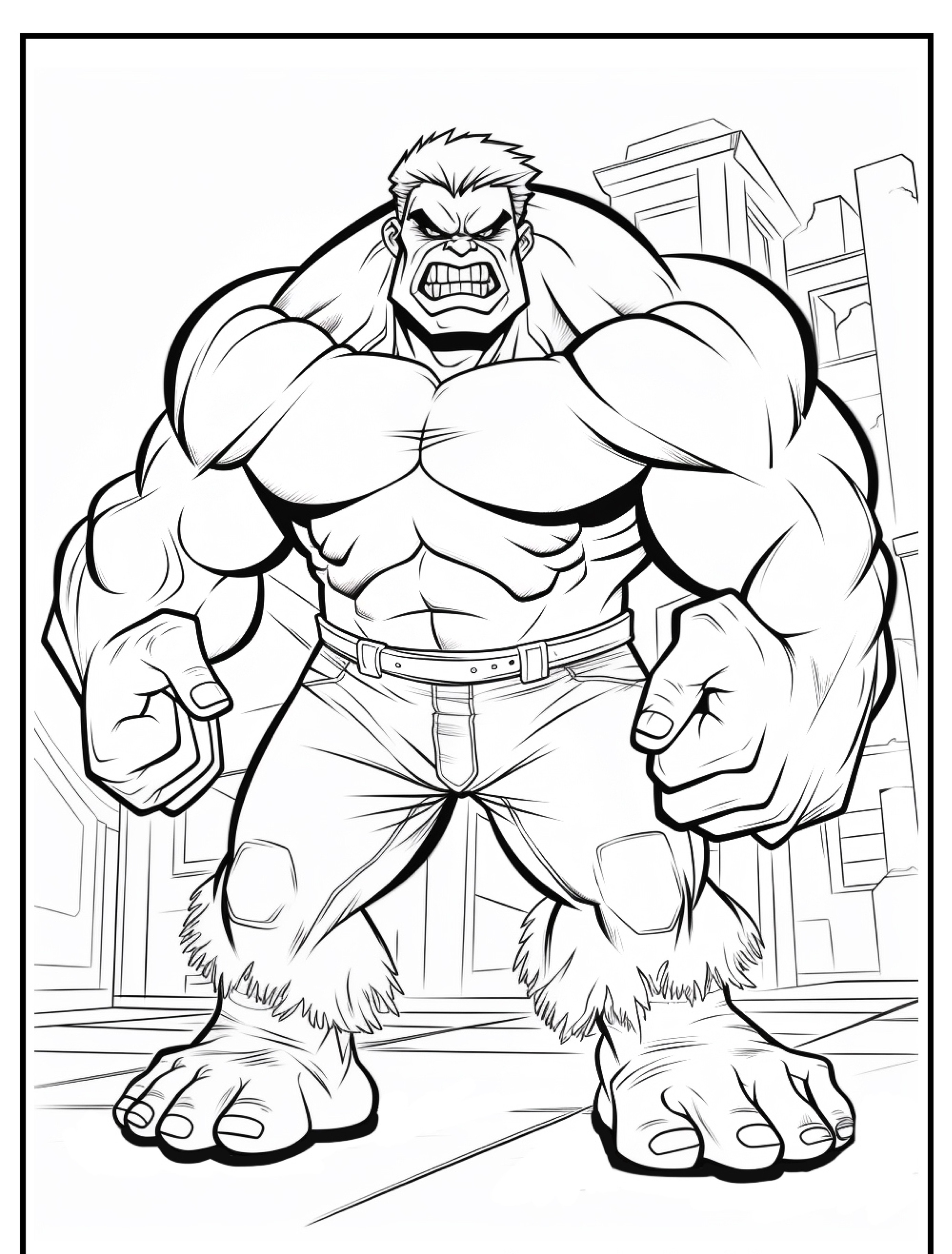 Ilustração em preto e branco de um homem musculoso e irritado, com calças rasgadas e punhos cerrados, em pé em frente a prédios da cidade, lembrando um Desenho do Hulk para você colorir.