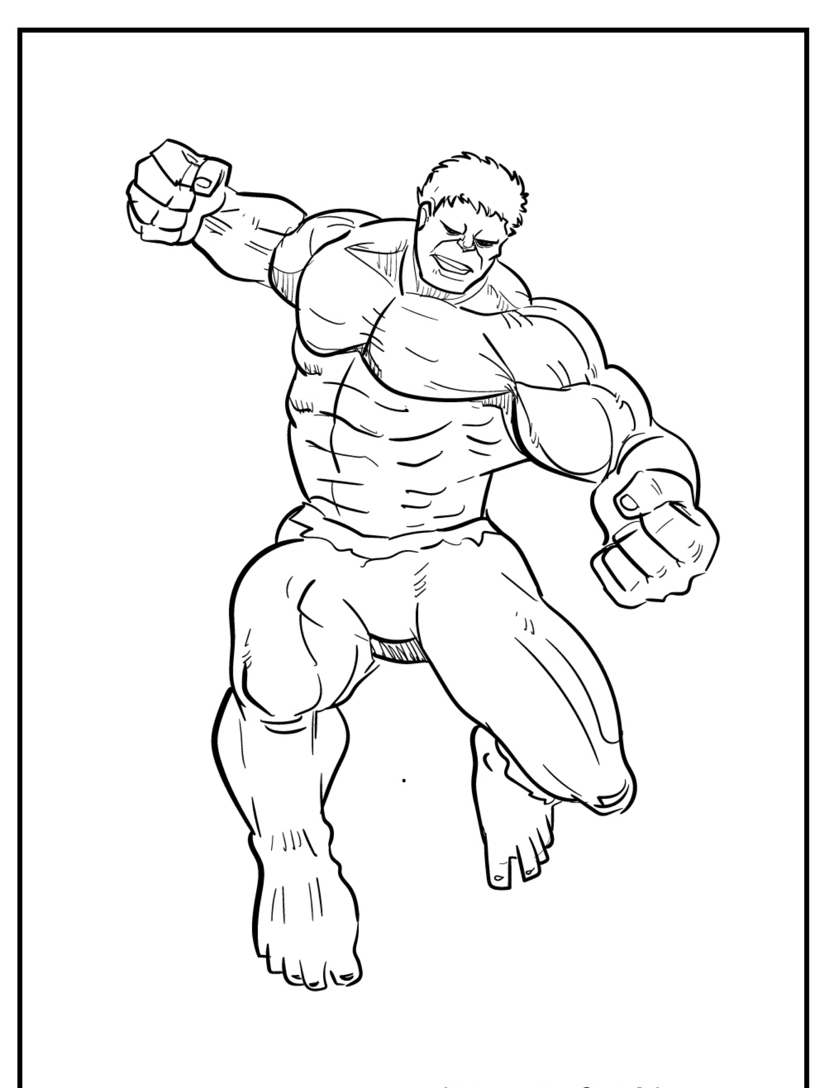 Um personagem musculoso e bravo em meio a um salto com punhos cerrados, pronto para atacar. Este desenho em estilo de quadrinhos em preto e branco captura a essência do Hulk em uma pose dinâmica que é perfeita para colorir.