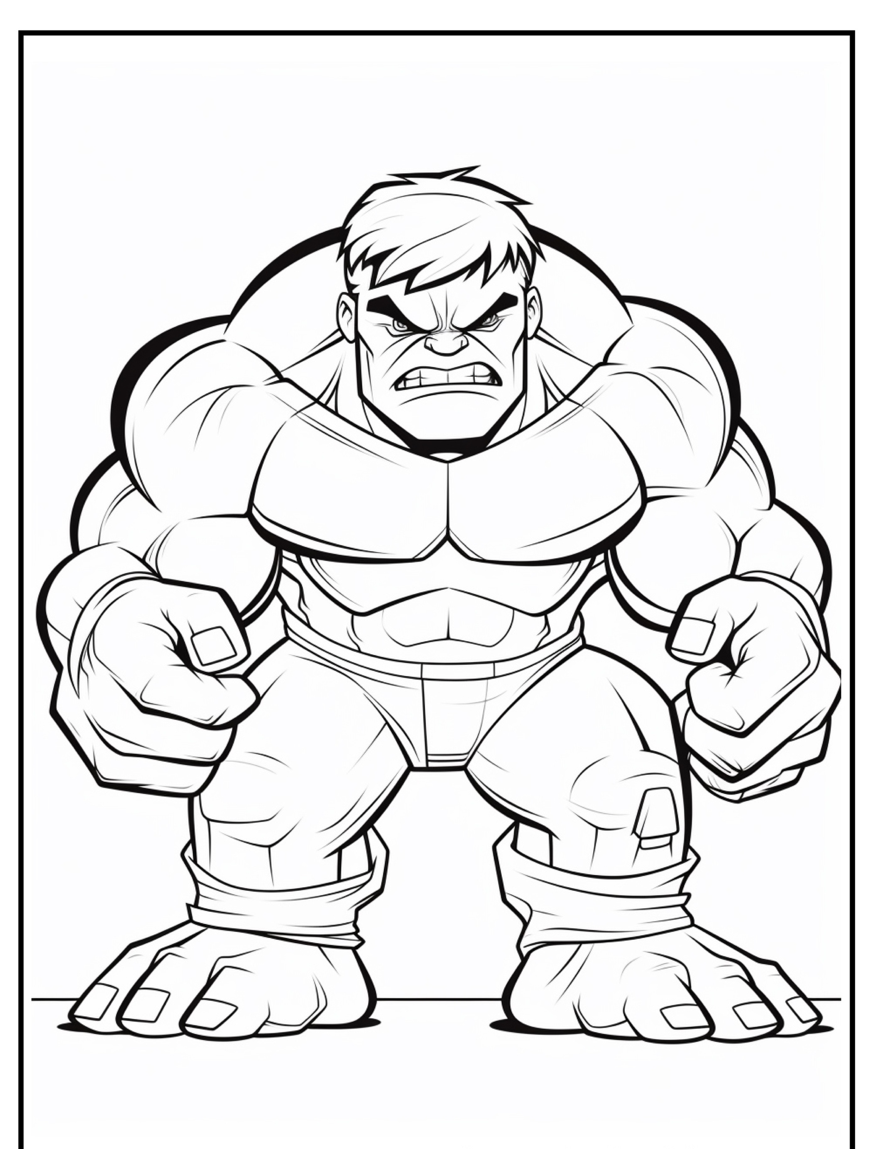 Desenho em preto e branco de um personagem de história em quadrinhos musculoso e irritado, com os punhos cerrados, lembrando o Hulk.