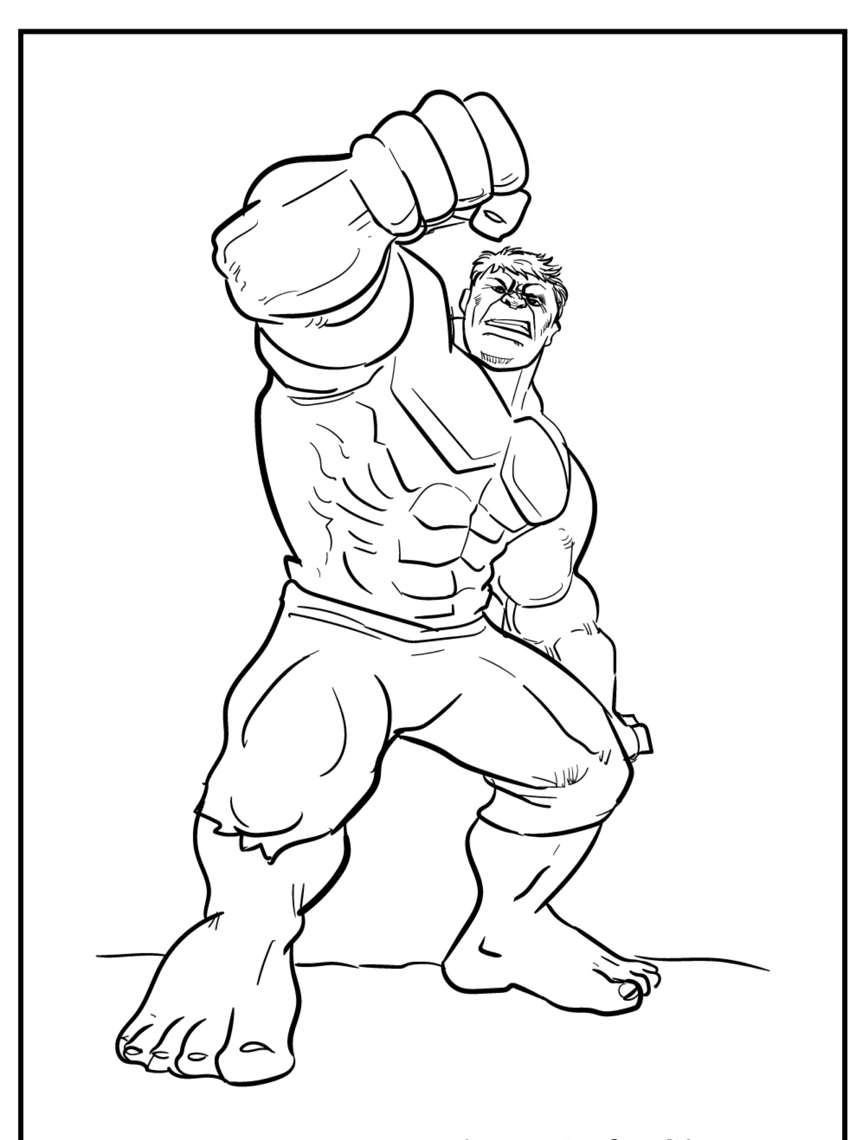 Um super-herói musculoso parecido com o Hulk com calças rasgadas levanta o punho cerrado em uma pose de ação, desenhado em preto e branco, perfeito para fãs que amam colorir este desenho dinâmico.