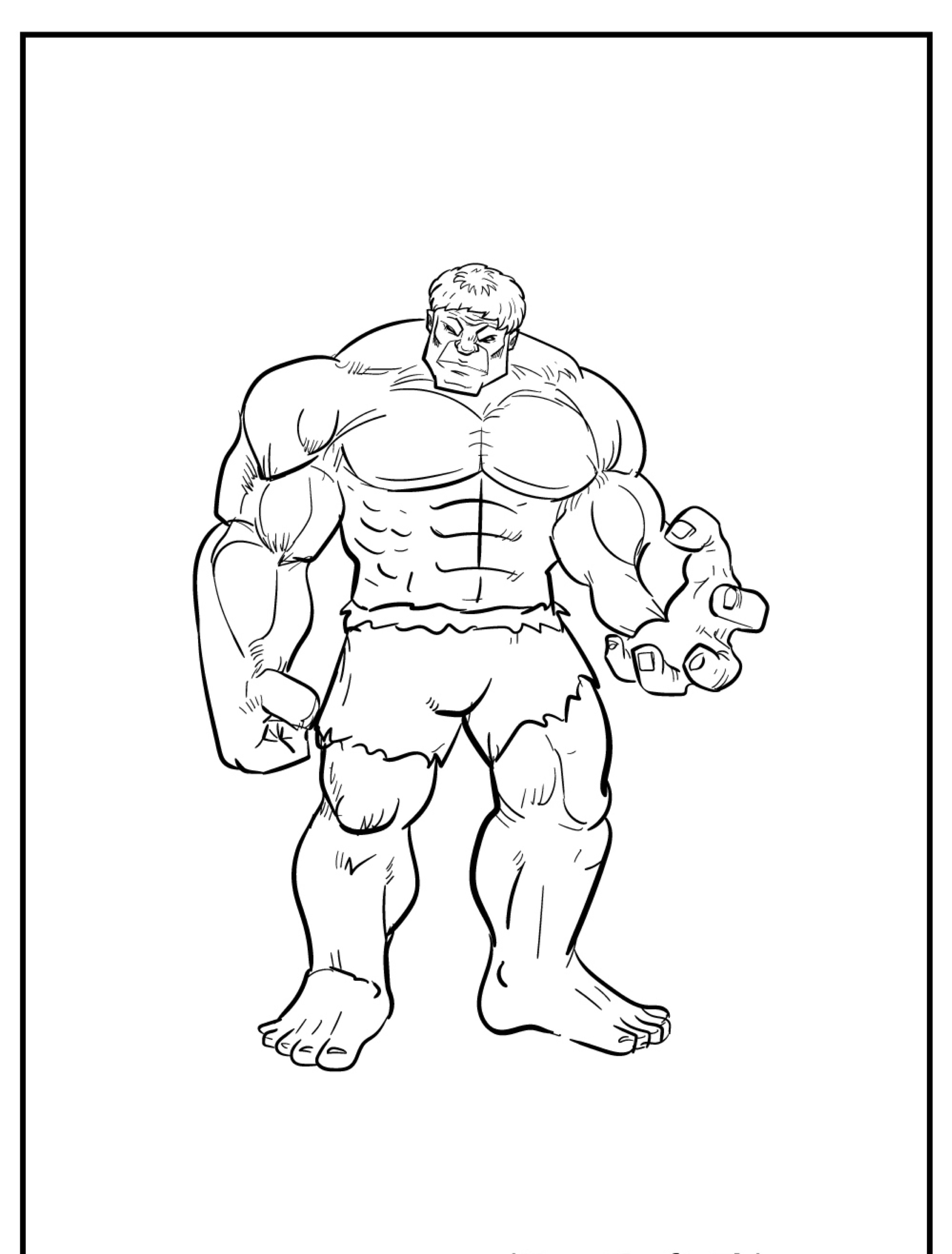 Desenho de um Hulk musculoso e zangado, com shorts rasgados, punhos enormes e cabelos arrepiados em uma pose poderosa, perfeita para colorir.