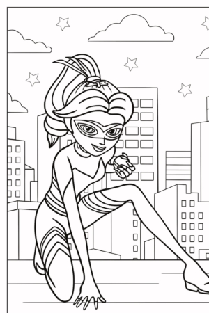 Um super-herói em uma pose dinâmica em um telhado com o horizonte da cidade e estrelas ao fundo, que lembra Lady Bug nos vibrantes Desenhos Para Colorir. Para colorir.