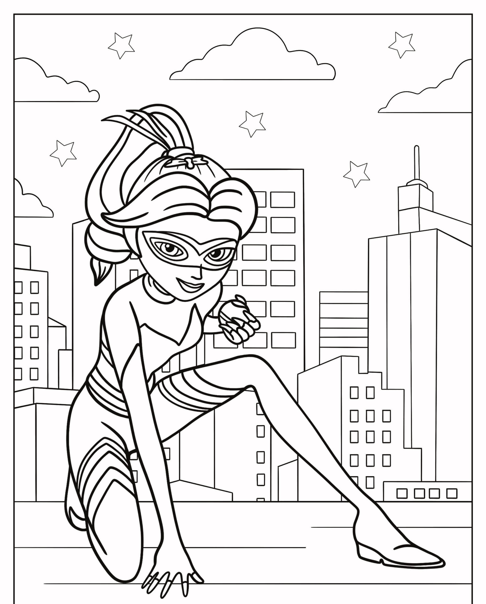 Um super-herói em uma pose dinâmica em um telhado com o horizonte da cidade e estrelas ao fundo, que lembra Lady Bug nos vibrantes Desenhos Para Colorir. Para colorir.