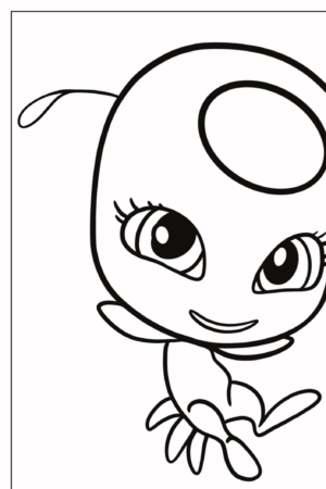 Desenho em preto e branco de uma personagem fofa parecida com uma joaninha, com olhos grandes, uma marca oval na cabeça e um sorriso brincalhão — perfeito para desenhos para colorir. Para colorir.