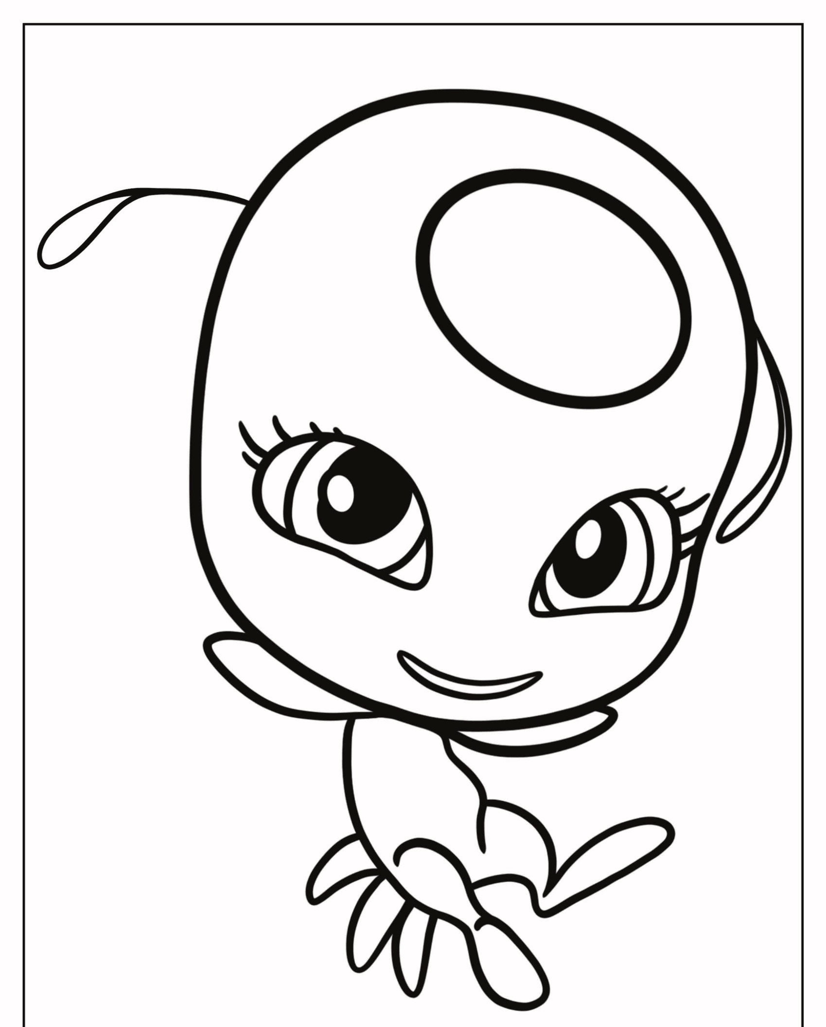 Desenho em preto e branco de uma personagem fofa parecida com uma joaninha, com olhos grandes, uma marca oval na cabeça e um sorriso brincalhão — perfeito para desenhos para colorir. Para colorir.