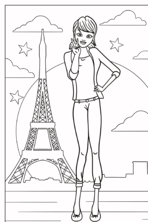 Uma mulher posando em frente à Torre Eiffel com estrelas, nuvens e um grande círculo ao fundo, lembrando uma cena encantadora de desenho para colorir, enquanto sua roupa lembra o visual icônico de Lady Bug. Para colorir.