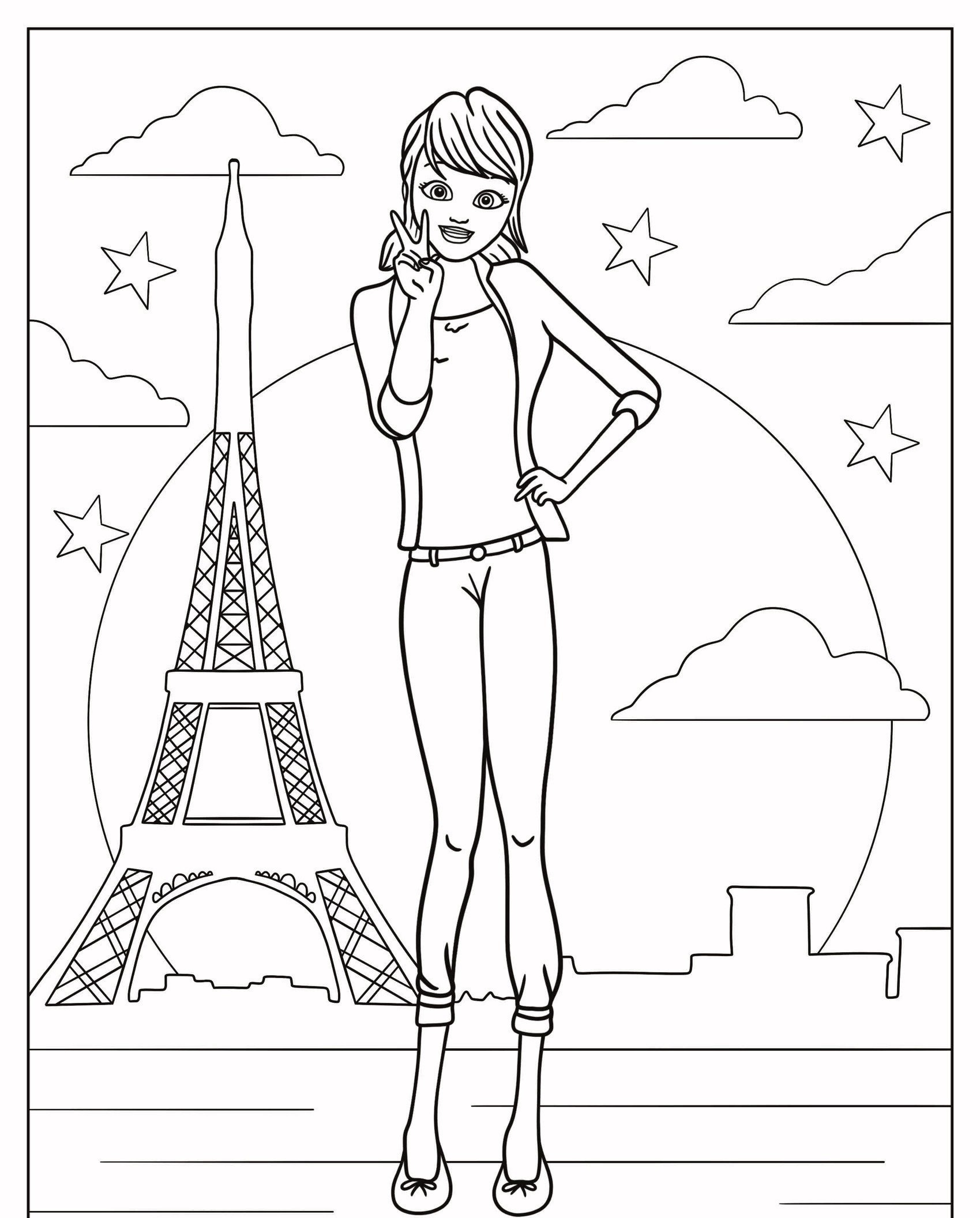 Uma mulher posando em frente à Torre Eiffel com estrelas, nuvens e um grande círculo ao fundo, lembrando uma cena encantadora de desenho para colorir, enquanto sua roupa lembra o visual icônico de Lady Bug. Para colorir.