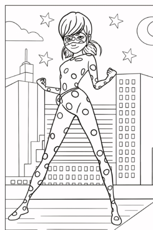 Ilustração de um super-herói em um traje de bolinhas, que lembra Lady Bug, de pé triunfantemente em um telhado com uma paisagem urbana e um fundo de céu noturno. Perfeito para entusiastas de Desenhos Para Colorir que buscam trazer tons vibrantes para essa cena heroica. Para colorir.