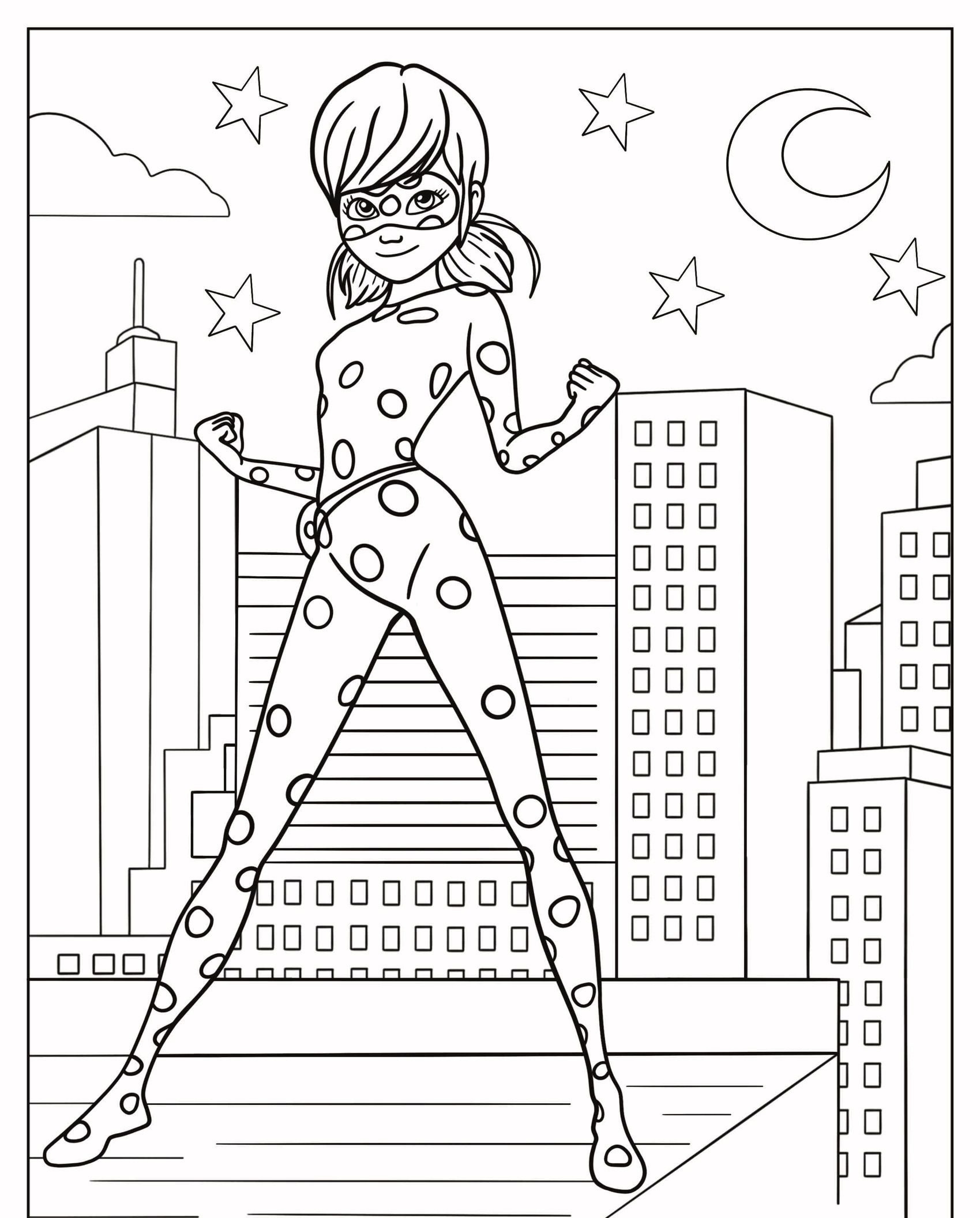 Ilustração de um super-herói em um traje de bolinhas, que lembra Lady Bug, de pé triunfantemente em um telhado com uma paisagem urbana e um fundo de céu noturno. Perfeito para entusiastas de Desenhos Para Colorir que buscam trazer tons vibrantes para essa cena heroica. Para colorir.