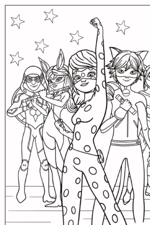 Um grupo de super-heróis fantasiados, incluindo Lady Bug, estão confiantes com estrelas ao fundo, prontos para a ação, como personagens de Desenhos Para Colorir. Para colorir.