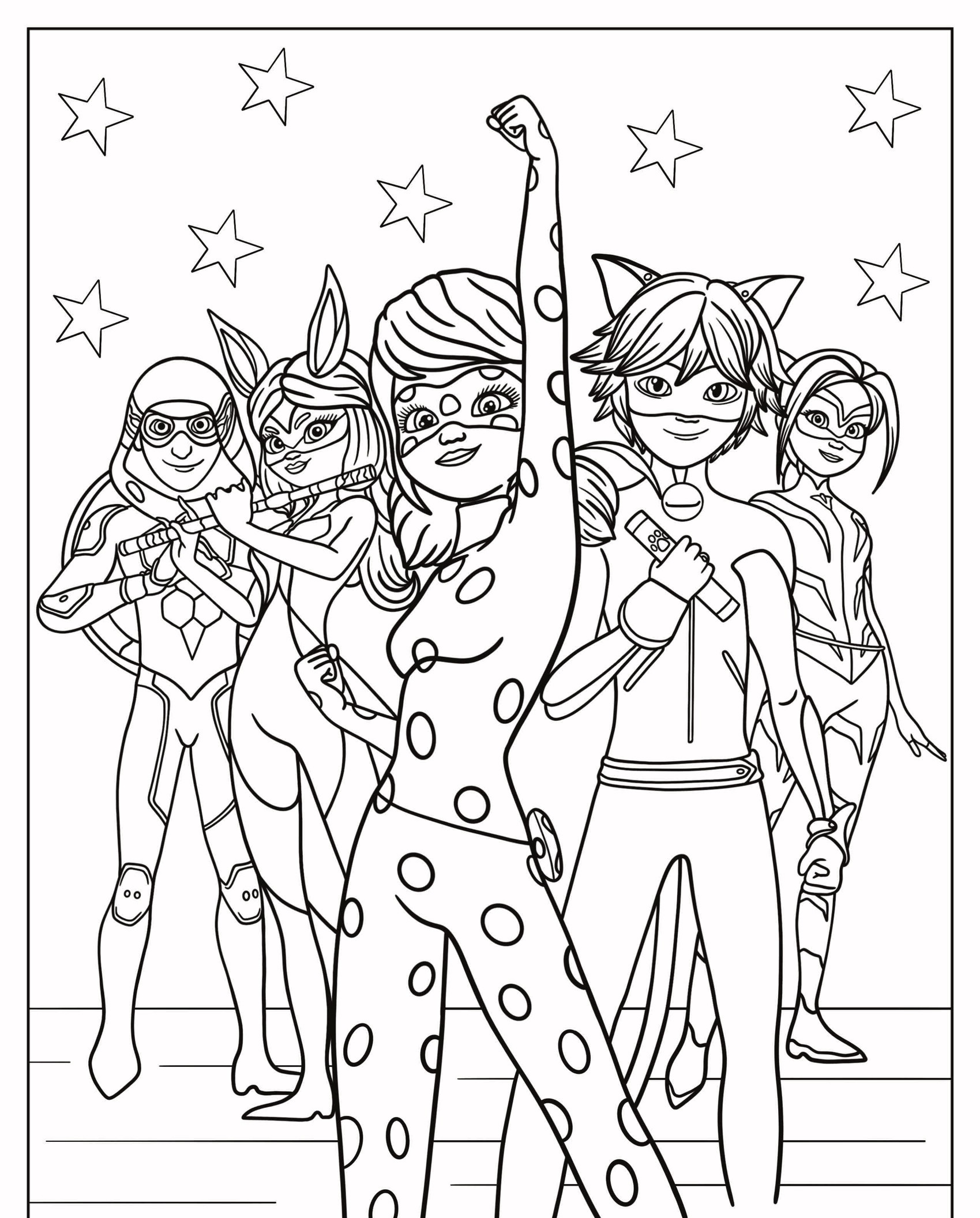 Um grupo de super-heróis fantasiados, incluindo Lady Bug, estão confiantes com estrelas ao fundo, prontos para a ação, como personagens de Desenhos Para Colorir. Para colorir.