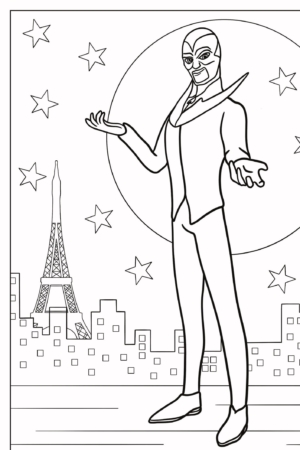 Uma personagem mascarada da Lady Bug está de braços abertos em frente ao horizonte da cidade, com a Torre Eiffel e estrelas cintilando no céu noturno. Perfeita para quem ama desenho para colorir, esta cena captura a magia de uma noite estrelada parisiense. Para colorir.