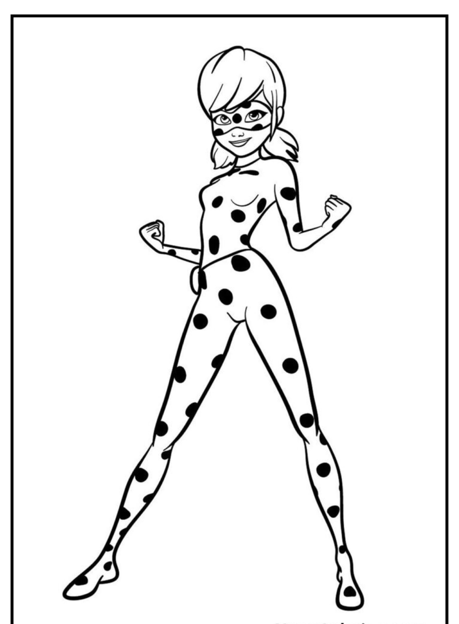 Desenho de uma super-heroína em um traje com as pintas da Lady Bug, parada confiante com os punhos cerrados, pronta para a ação; perfeito para desenho para colorir. Para colorir.