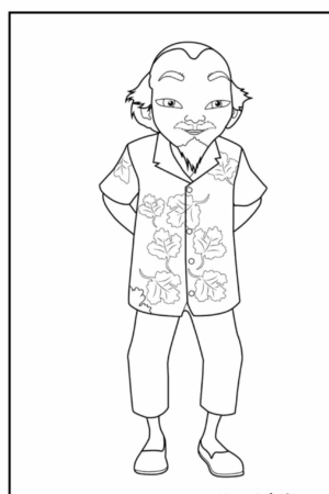 Um desenho em preto e branco de um homem com barba, vestindo uma camisa floral, calças e sapatos, com as mãos atrás das costas. Perfeito para quem gosta de desenho para colorir. Para colorir.