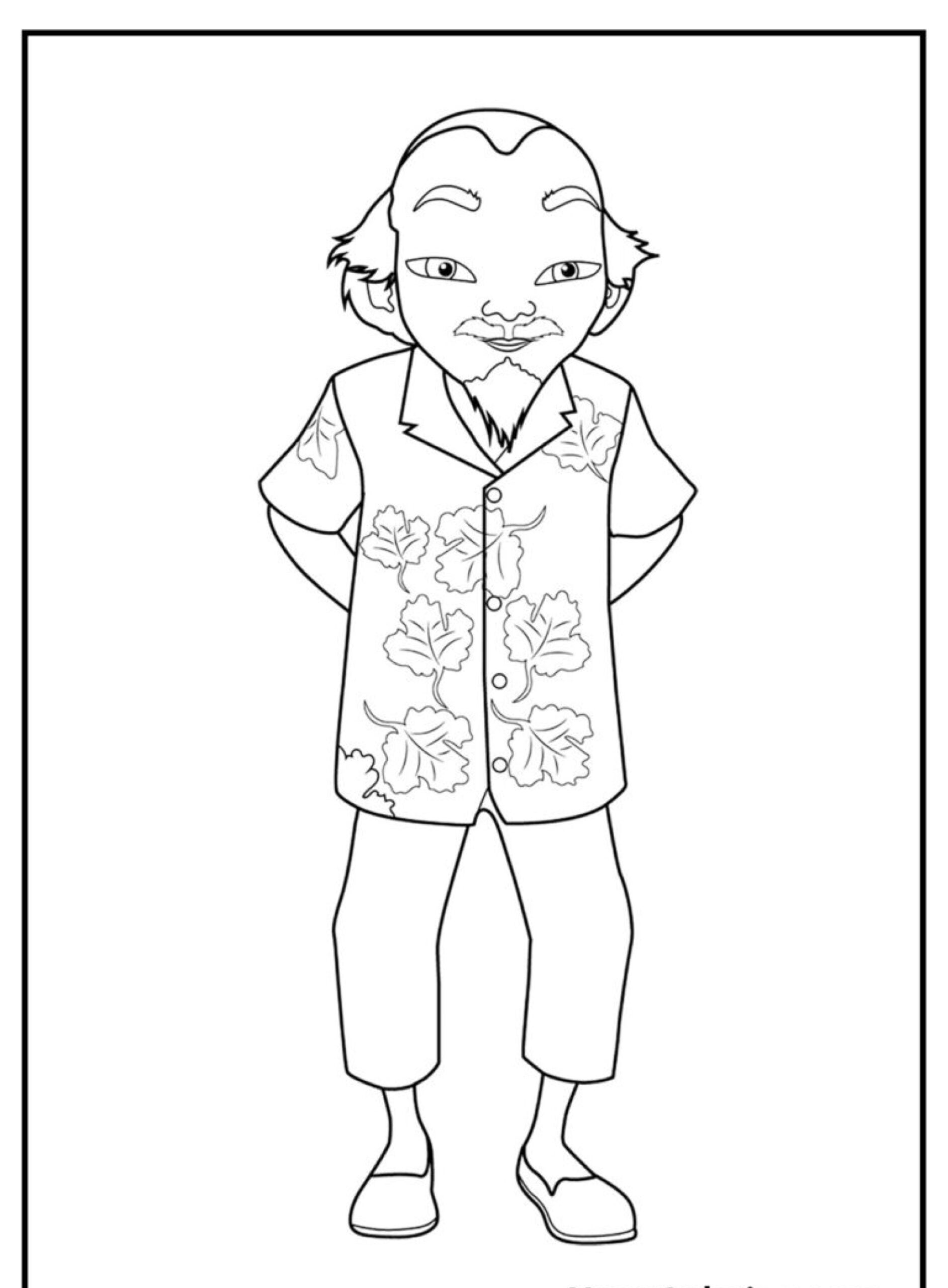 Um desenho em preto e branco de um homem com barba, vestindo uma camisa floral, calças e sapatos, com as mãos atrás das costas. Perfeito para quem gosta de desenho para colorir. Para colorir.