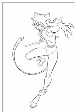 Um desenho dinâmico de um personagem de anime com orelhas de gato e rabo, em uma pose de ação, perfeito para fãs de desenho para colorir. Para colorir.