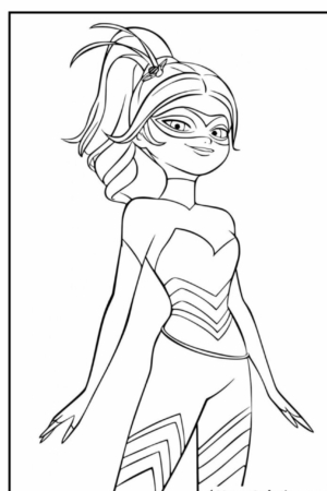 Super-heroína, conhecida como Lady Bug, em uma roupa e máscara estilizadas, com uma pose confiante e capacete com penas, arte em preto e branco perfeita para Desenhos Para Colorir. Para colorir.