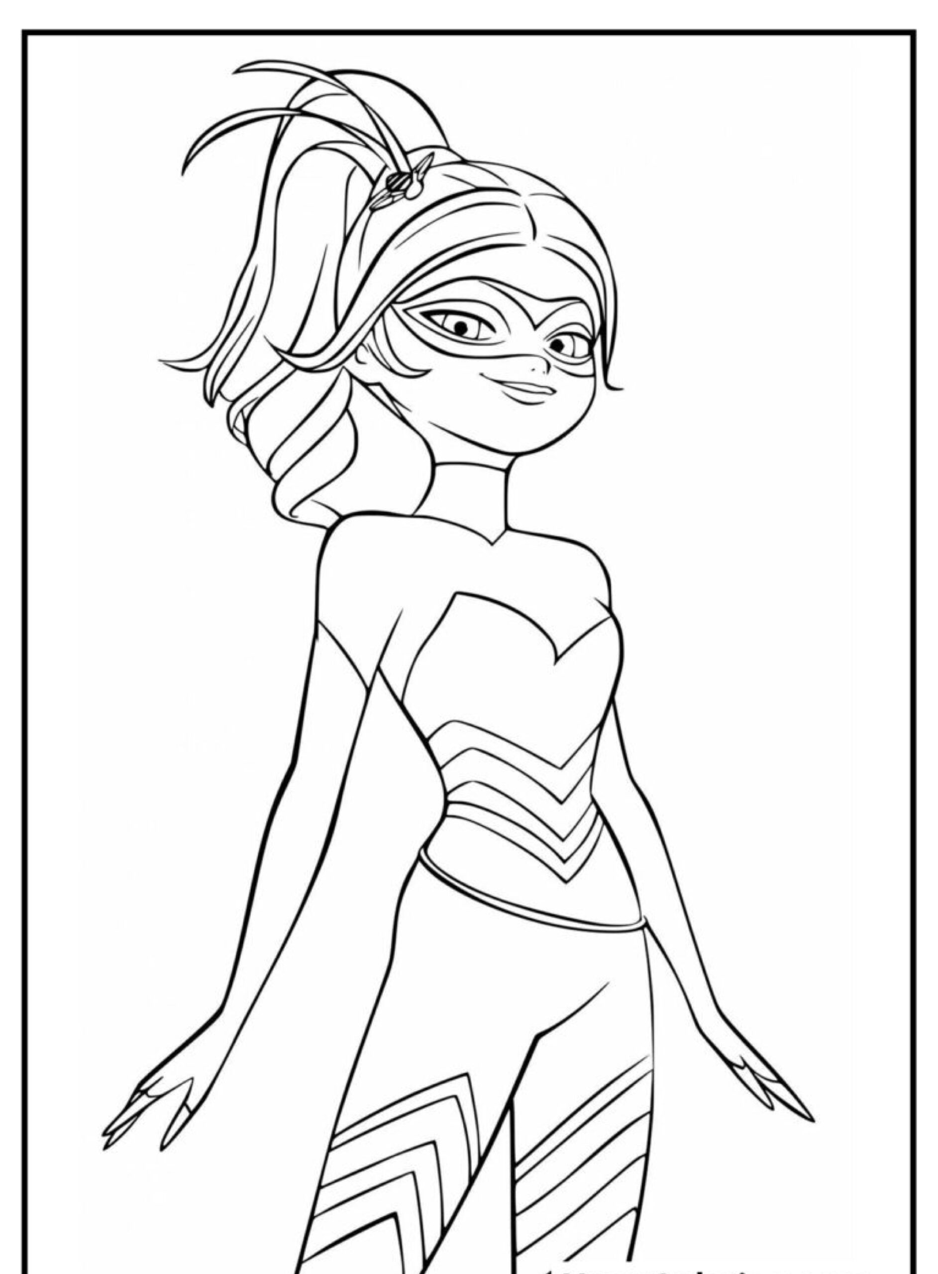 Super-heroína, conhecida como Lady Bug, em uma roupa e máscara estilizadas, com uma pose confiante e capacete com penas, arte em preto e branco perfeita para Desenhos Para Colorir. Para colorir.