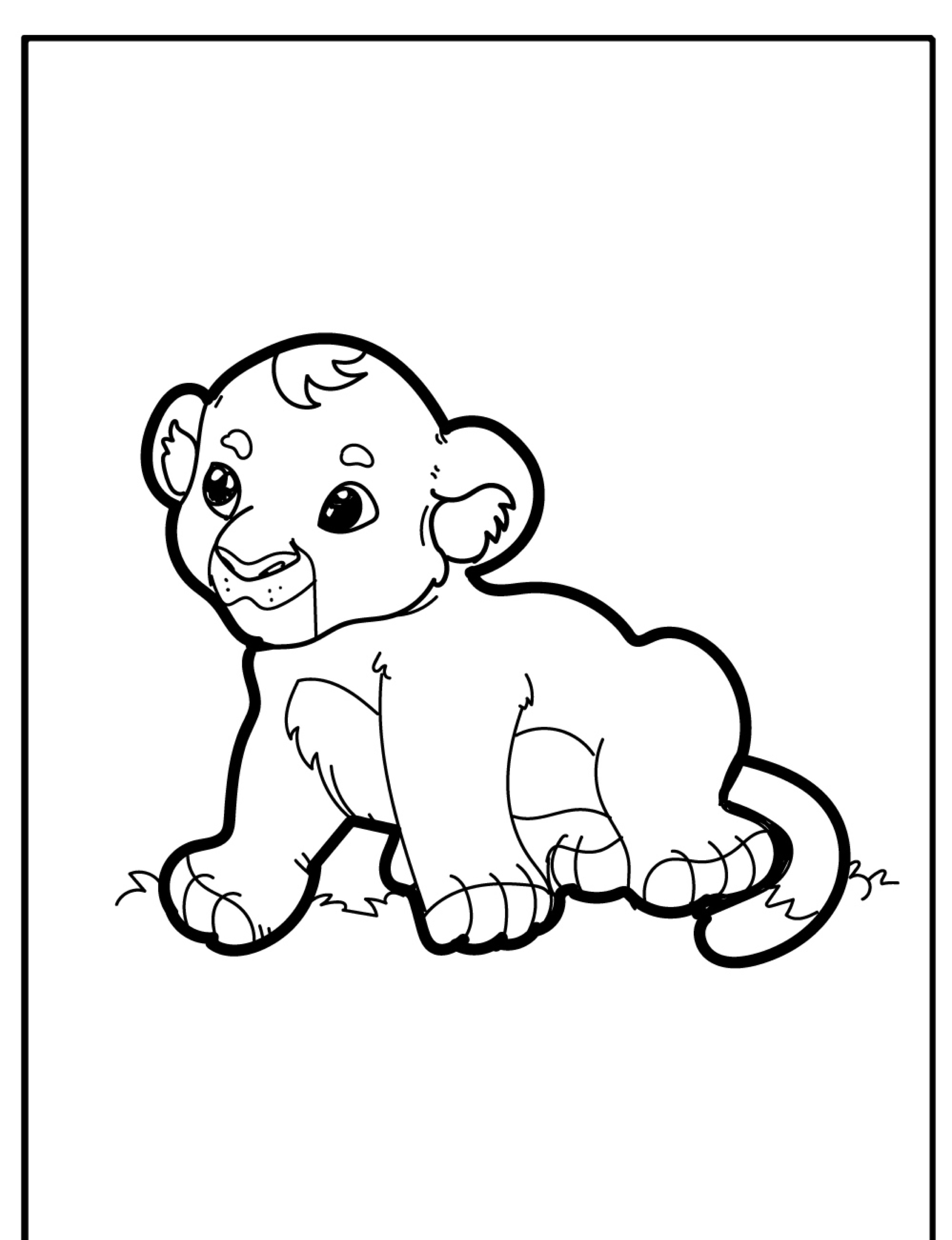 A Desenho para colorir mostra um leãozinho alegre sentado no chão e sorrindo.