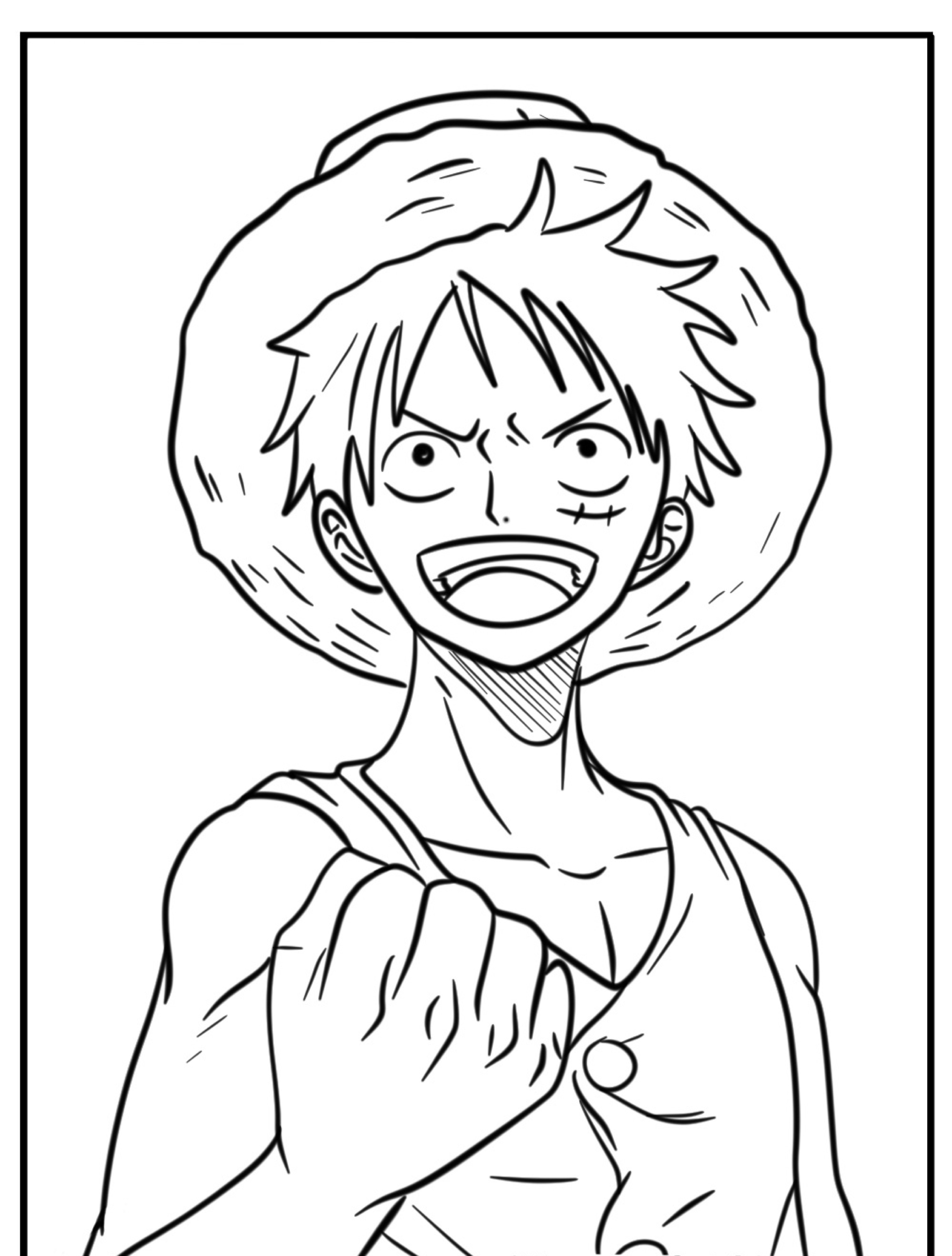 Desenho em preto e branco de um personagem de anime sorridente, Luffy, com um chapéu de palha e uma cicatriz sob o olho, segurando uma bolsa. Perfeito para os fãs colorirem!