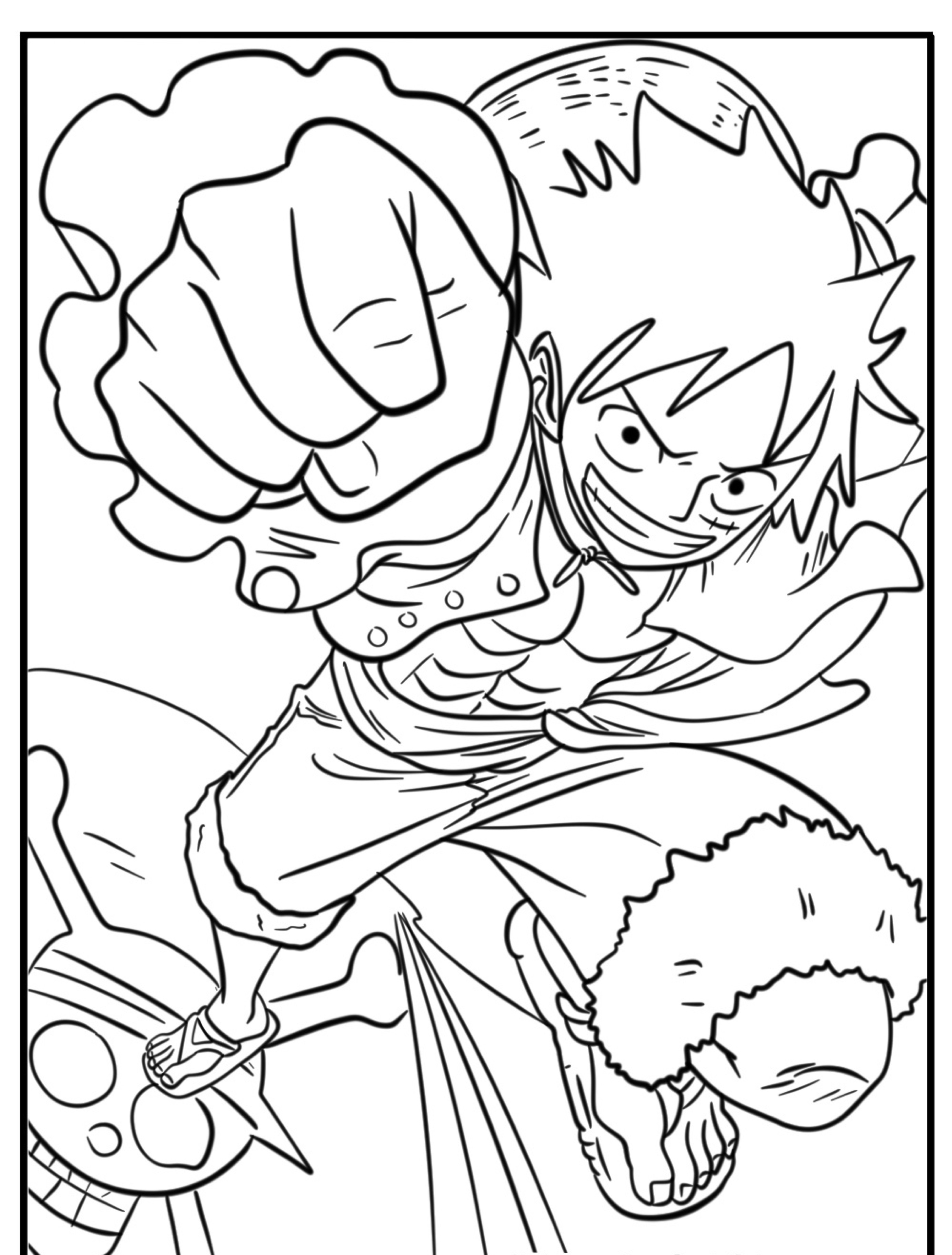 Desenho de Luffy em estilo line art, pulando com um punho poderoso à frente, veste colete, shorts e exclusivos, pronto para colorir.