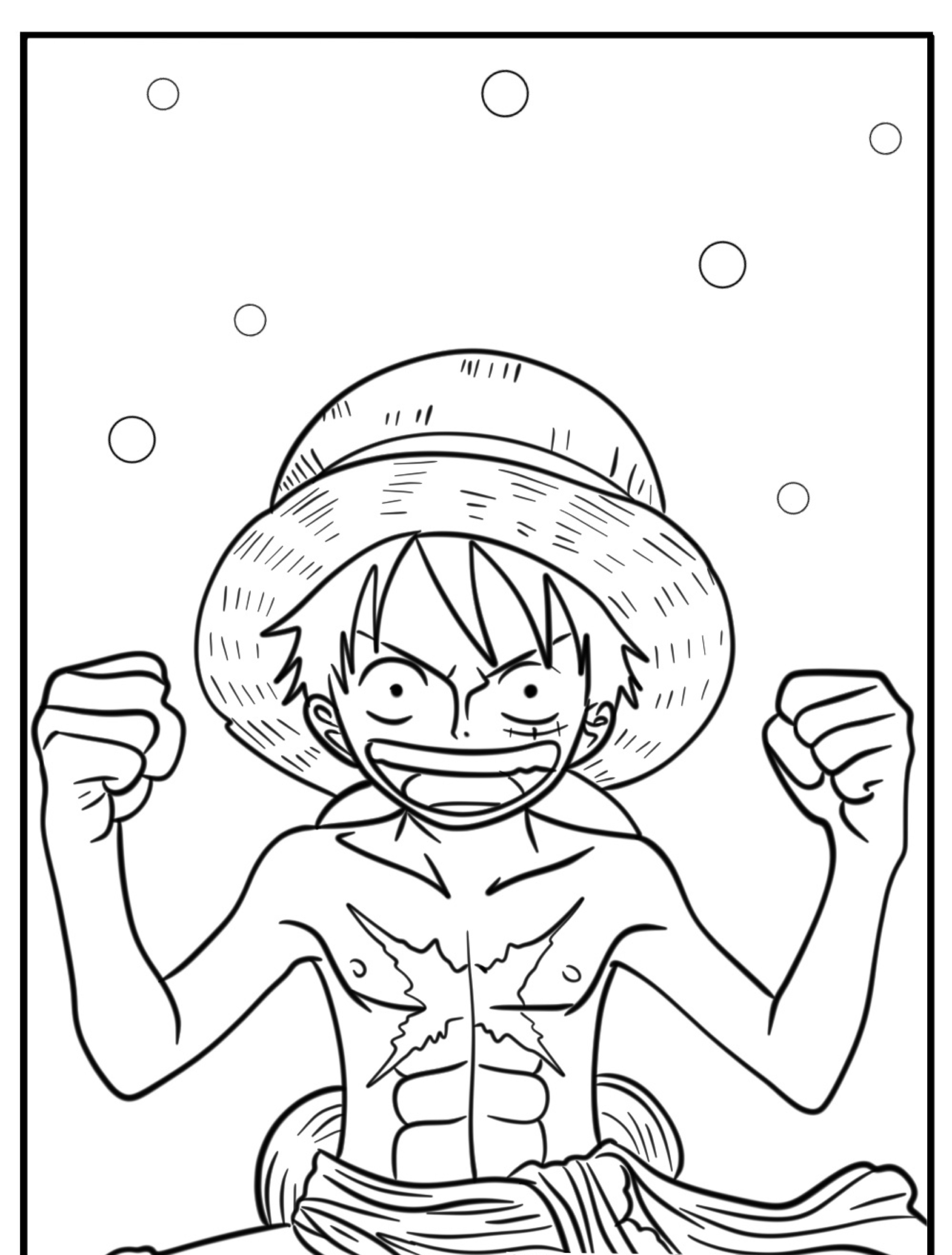 Um personagem com um chapéu de palha e um sorriso brincalhão, que lembra o Luffy de Desenho, levanta os punhos cerrados em uma pose animada, pronto para colorir a aventura que tem pela frente.