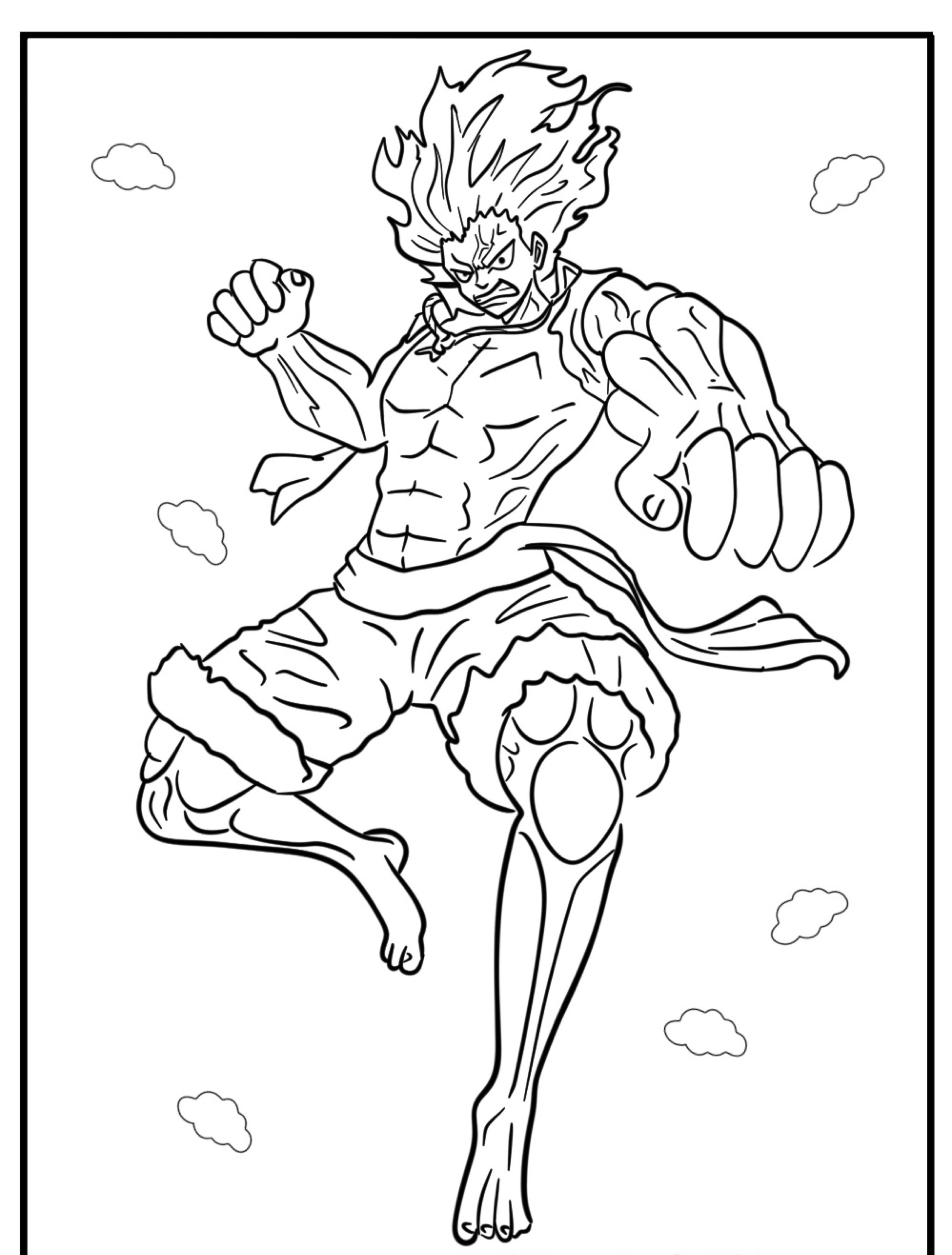 Line art de um personagem musculoso e de aparência feroz, com cabelo selvagem e punho erguido, cercado por nuvens. Perfeito para quem ama colorir ou qualquer fã de estilos de desenho poderosos; evoca o espírito de Luffy em sua energia ousada e presença dinâmica.