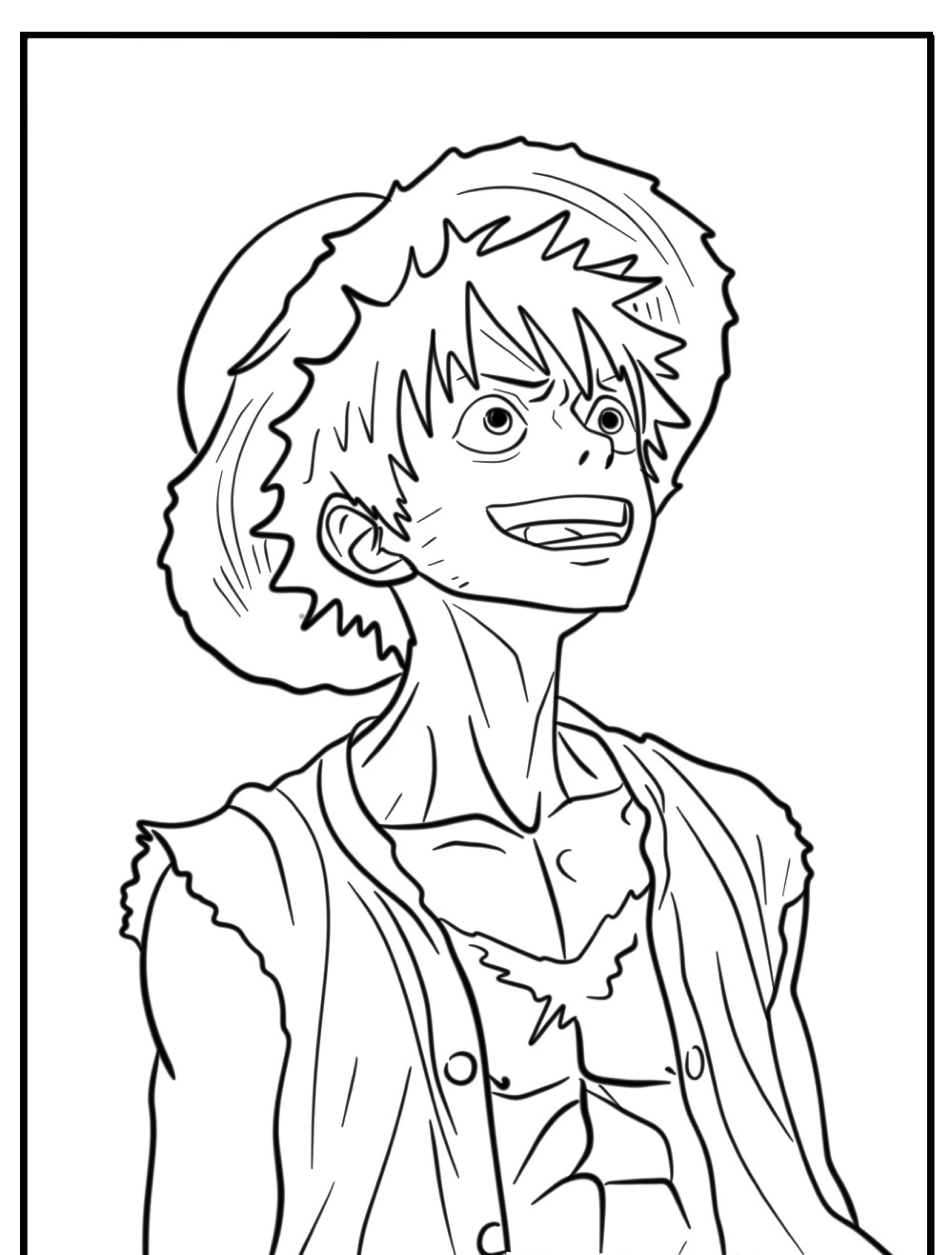 Desenho de um personagem de anime sorridente parecido com Luffy, com um chapéu de palha e um colete aberto, olhando para cima com uma expressão feliz, perfeito para colorir.