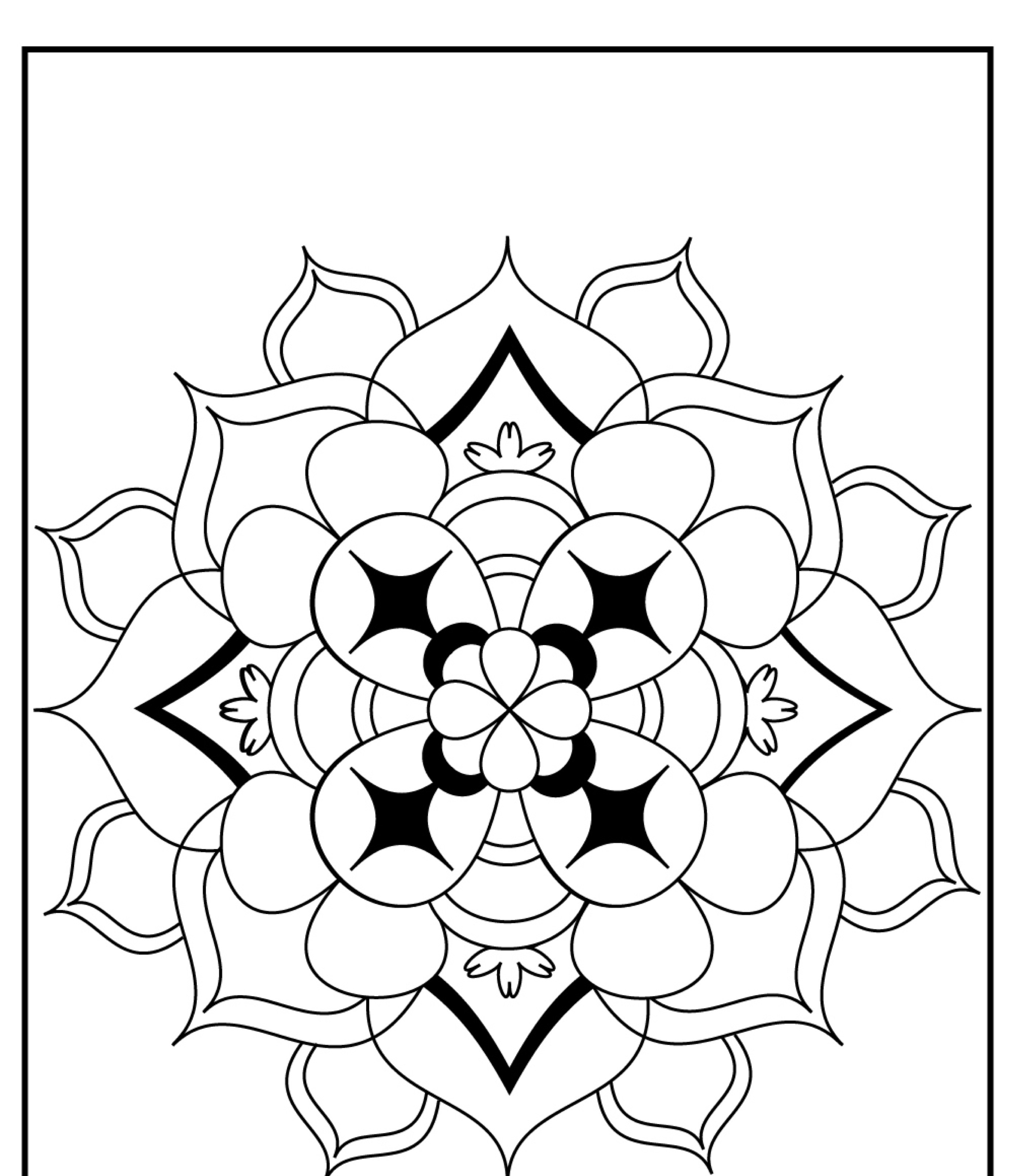 Design de mandala em preto e branco com padrões florais e geométricos simétricos, perfeito para imprimir e colorir.